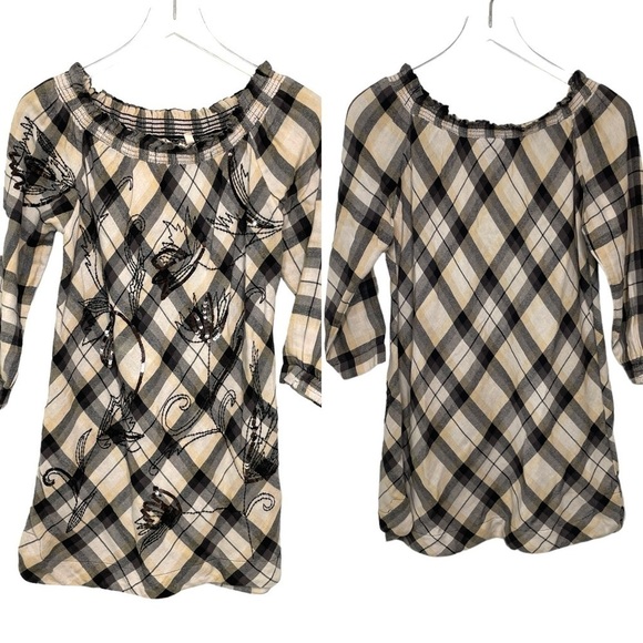 Soft Surroundings Tunic/Dress 100% Cotton Plaid Black/Grey Sequined 3/4 Sleeve S - Picture 1 of 16